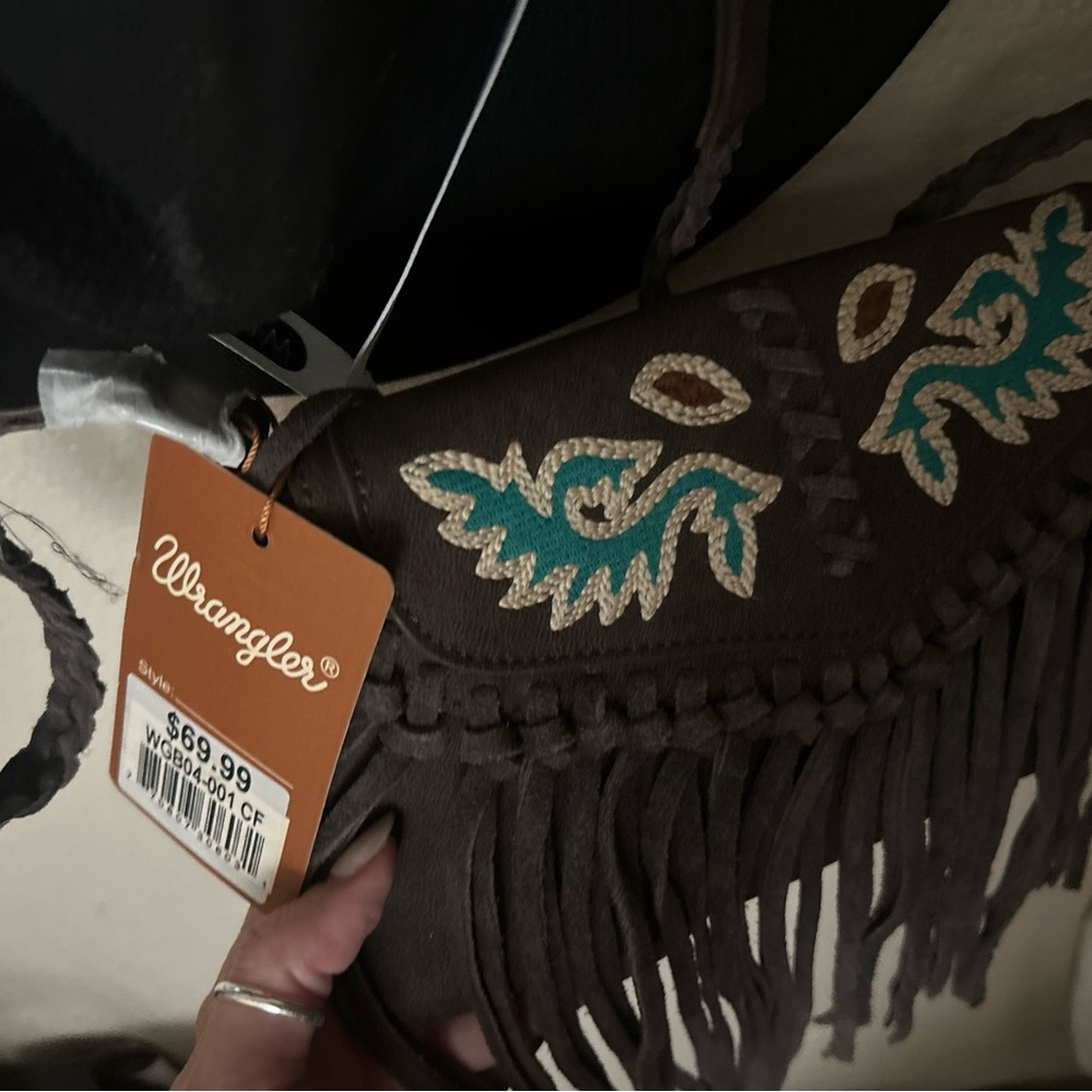 Wrangler Brown Crossbody Bag with Turquoise Embroidery and Fringe - Picture 2 of 3